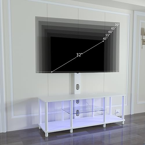 TV Stand with Mount ，White Television Stand with Led Light and Power Outlets for 32/40/43/50/55/60/65/70 Inch TV,Entertainment Center with Storage Shelf for Bedroom/Living Room/Office