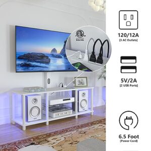 TV Stand with Mount ，White Television Stand with Led Light and Power Outlets for 32/40/43/50/55/60/65/70 Inch TV,Entertainment Center with Storage Shelf for Bedroom/Living Room/Office