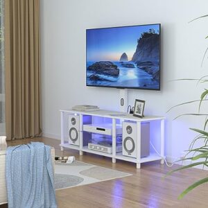 TV Stand with Mount ，White Television Stand with Led Light and Power Outlets for 32/40/43/50/55/60/65/70 Inch TV,Entertainment Center with Storage Shelf for Bedroom/Living Room/Office