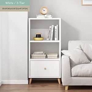 IOTXY 3-Tier Open Shelves Bookcase - 47" Height Modern Free Standing Wooden Cube Bookshelf with Storage Drawer and Legs, White
