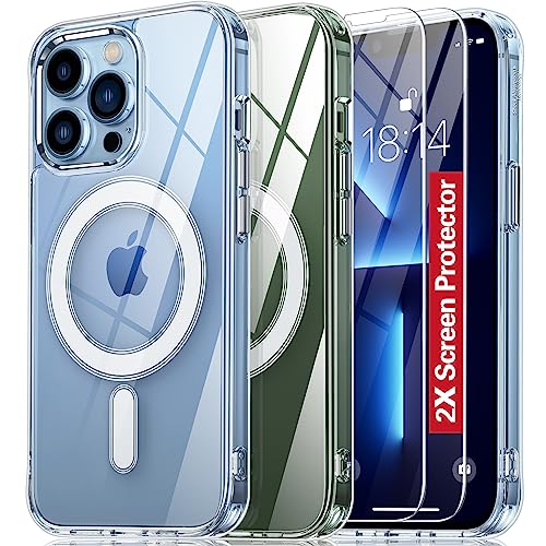 Oterkin Magnetic for iPhone 13 Pro Case Clear,[Compatible with MagSafe],[Strong N52 Magnets][Anti-Yellowing] iPhone 13 Pro Phone Case with [2Pcs Screen Protector][10FT Military Protection] (Clear)