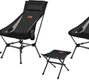 AnYoker Camping Chair, 2 Way Compact Backpacking Chair, Portable Folding Chair, Beach Chair with Side Pocket, headrest and Foot Rest, Lightweight Hiking Chair 01666 A (Black 2 Pack)