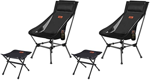 AnYoker Camping Chair, 2 Way Compact Backpacking Chair, Portable Folding Chair, Beach Chair with Side Pocket, headrest and Foot Rest, Lightweight Hiking Chair 01666 A (Black 2 Pack)