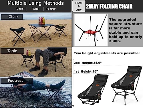 AnYoker Camping Chair, 2 Way Compact Backpacking Chair, Portable Folding Chair, Beach Chair with Side Pocket, headrest and Foot Rest, Lightweight Hiking Chair 01666 A (Black 2 Pack)