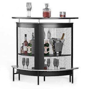 UPHYB Semi Cylindrical Home Bar Cabinet, High Top Bar Table with Metal Mesh Front, Wine Bar Cabinet with Goblet Holders and Footrest for Home