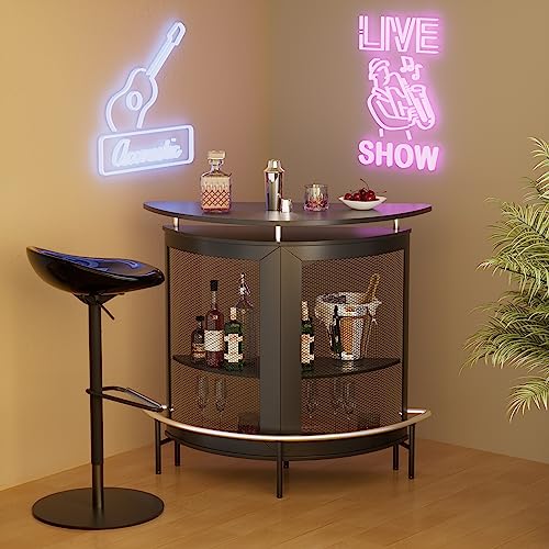 UPHYB Semi Cylindrical Home Bar Cabinet, High Top Bar Table with Metal Mesh Front, Wine Bar Cabinet with Goblet Holders and Footrest for Home