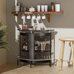 UPHYB Semi Cylindrical Home Bar Cabinet, High Top Bar Table with Metal Mesh Front, Wine Bar Cabinet with Goblet Holders and Footrest for Home