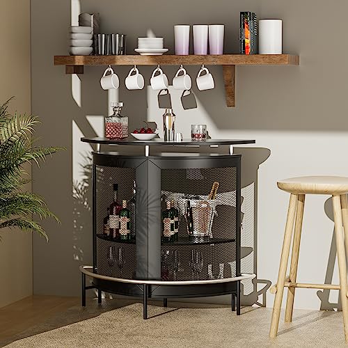 UPHYB Semi Cylindrical Home Bar Cabinet, High Top Bar Table with Metal Mesh Front, Wine Bar Cabinet with Goblet Holders and Footrest for Home