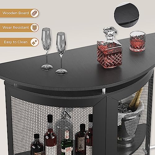 UPHYB Semi Cylindrical Home Bar Cabinet, High Top Bar Table with Metal Mesh Front, Wine Bar Cabinet with Goblet Holders and Footrest for Home