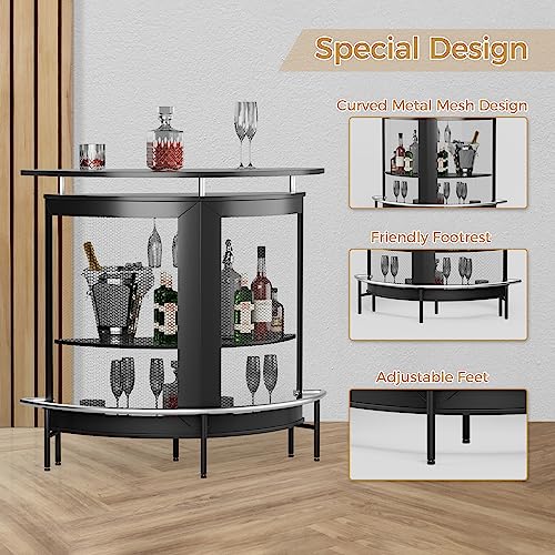 UPHYB Semi Cylindrical Home Bar Cabinet, High Top Bar Table with Metal Mesh Front, Wine Bar Cabinet with Goblet Holders and Footrest for Home