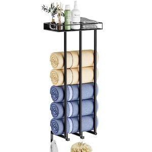 ovicar towel racks for bathroom - wall mounted rolled towels storage with metal shelf & 3 hooks,3 bars wall towel holder for small bathroom, bath towel organizer (black)