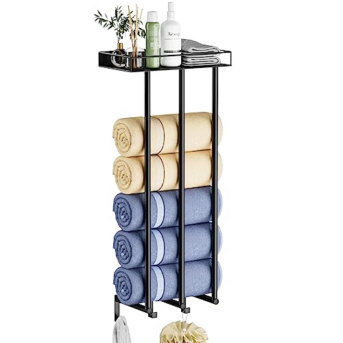 Ovicar Towel Racks for Bathroom - Wall Mounted Rolled Towels Storage with Metal Shelf & 3 Hooks,3 Bars Wall Towel Holder for Small Bathroom, Bath Towel Organizer (Black)