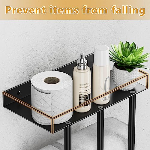 Ovicar Towel Racks for Bathroom - Wall Mounted Rolled Towels Storage with Metal Shelf & 3 Hooks,3 Bars Wall Towel Holder for Small Bathroom, Bath Towel Organizer (Black)