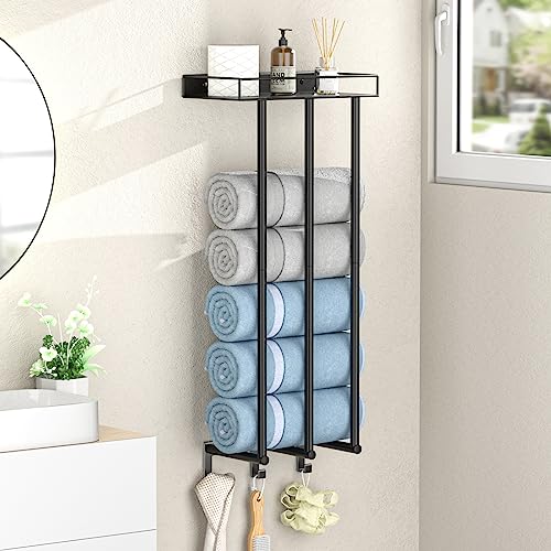 Ovicar Towel Racks for Bathroom - Wall Mounted Rolled Towels Storage with Metal Shelf & 3 Hooks,3 Bars Wall Towel Holder for Small Bathroom, Bath Towel Organizer (Black)