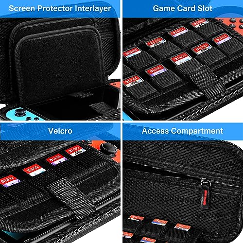 Jxtarar Switch Carrying Case Compatible with Nintendo Switch/Switch OLED, with 20 Games Cartridges Protective Hard Shell Travel Carrying Case Pouch for Console & Accessories, Black