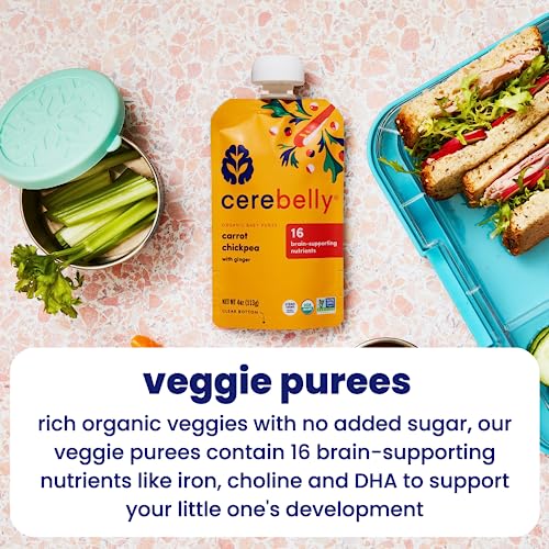 Cerebelly Baby Food Pouches - Organic Beans & Veggies Purees Variety Pack (4 oz, Pack of 8) Toddler Snacks - 16 Brain-supporting Nutrients - Healthy Snacks, Gluten-Free, BPA-Free, Non-GMO