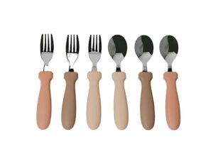 my modern mom toddler utensils - spoons and forks set - 6 pack feeding cutlery – apricot, cream and sand colors – stainless steel with silicone handles – food grade silicone – dishwasher safe