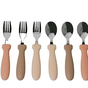 My Modern Mom Toddler Utensils - Spoons and Forks Set - 6 Pack Feeding Cutlery – Apricot, Cream and Sand Colors – Stainless Steel with Silicone Handles – Food Grade Silicone – Dishwasher Safe