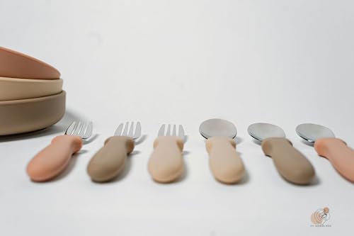 My Modern Mom Toddler Utensils - Spoons and Forks Set - 6 Pack Feeding Cutlery – Apricot, Cream and Sand Colors – Stainless Steel with Silicone Handles – Food Grade Silicone – Dishwasher Safe