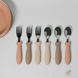 My Modern Mom Toddler Utensils - Spoons and Forks Set - 6 Pack Feeding Cutlery – Apricot, Cream and Sand Colors – Stainless Steel with Silicone Handles – Food Grade Silicone – Dishwasher Safe