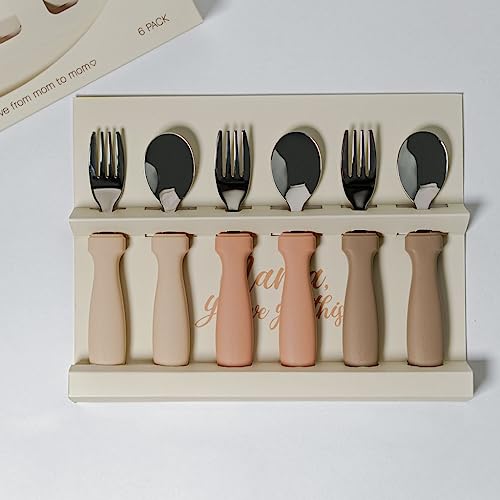 My Modern Mom Toddler Utensils - Spoons and Forks Set - 6 Pack Feeding Cutlery – Apricot, Cream and Sand Colors – Stainless Steel with Silicone Handles – Food Grade Silicone – Dishwasher Safe