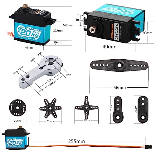 DSPOWER 20KG RC Waterproof Servo, High Torque Full Metal Gear Digital Servos Motor with 25T Metal Arm for 1/8 1/10 1/12 RC Crawler Baja Car Boat Robot Aircraft Drones (180°-Blue)