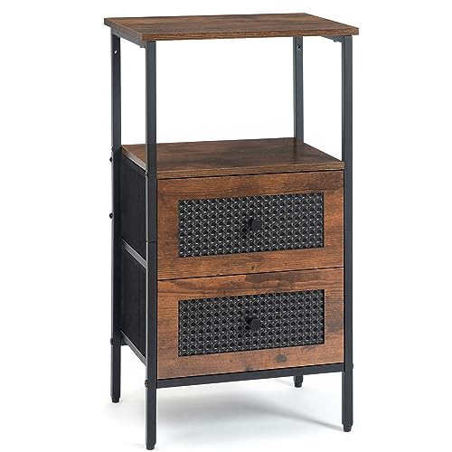 DOVAMY Rattan Nightstand with 2 Drawers, End Table for Small Spaces, Side Table with Storage for Bedroom, Living Room, Dorm, 27.5'' Bed Stand with Open Shelf, Rustic Brown BN03V