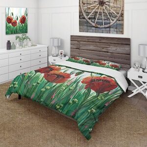 design art designart 'red bright poppy flowers on a green meadow' traditional duvet cover comforter set full/queen cover + comforter + 2 shams 4 piece