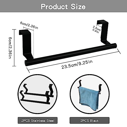 Over The Door Towel Rack, Stainless Steel Kitchen Towel Holder, Cabinet Door Towel Bar, Dish Towel Rack for Cabinet, Over Cabinet Towel Hanger for Kitchen Bathroom Cupboard, 2Pack (Black)