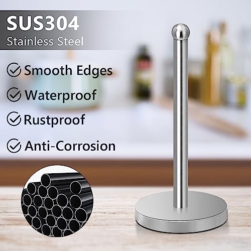 PEDORUBY - Kitchen Paper Towel Holder Countertop, SUS 304 Stainless Steel Free-Standing Paper Towel Holder One-Handed Tear Paper Towel Dispenser for Kitchen Countertop with Heavy Base, Silver