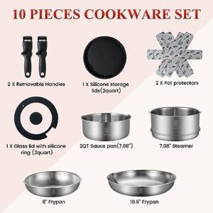 ROYDX Pots and Pans Set, 10 Piece Stainless Steel Kitchen Removable Handle Cookware Set, Frying Saucepans with Lid, Stay-Cool Handles for All Stoves, Dishwasher and Oven Safe, Camping