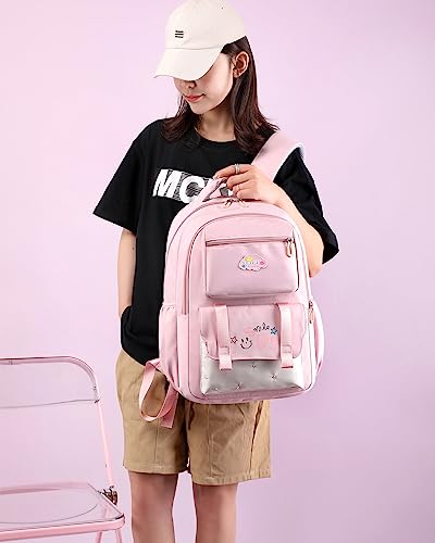 Makukke Backpack for Girls Kids, Cute Kawaii School Bag Lightweight Bookbag Backpack for Middle & High School with Anti Theft Pocket,Beige Backpack