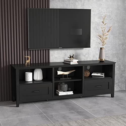 Black TV Stand for 80 75 70 65 60 Inch TV, Black Entertainment Center with Storage, Long Tall TV Stands for Living Room 75 Inch Black, 65 70 75 80 TV Stand with Storage for 65+ 75+ Inch TV for Bedroom