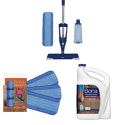 Bona Hardwood Floor Premium Spray Mop - Includes Wood Floor Cleaning Solution & Bona Microfiber Cleaning Pad for Hardwood & Hard Surface Floors & Bona Hardwood Floor Cleaner Refill - 128 fl oz