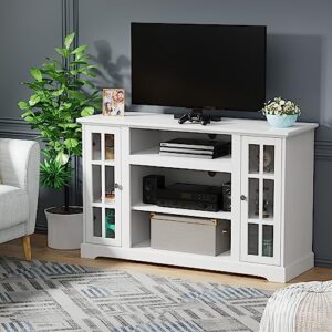 holliwill 48" glass door tv stand, white tv stand for 55 inch tv, farmhouse tv stand with storage cabinet, small entertainment center and ideal media storage for living room