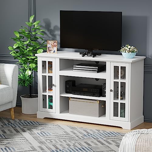 HolliWill 48" Glass Door TV Stand, White TV Stand for 55 inch TV, Farmhouse TV Stand with Storage Cabinet, Small Entertainment Center and Ideal Media Storage for Living Room