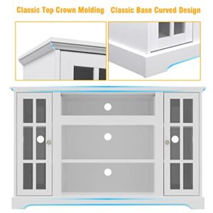 HolliWill 48" Glass Door TV Stand, White TV Stand for 55 inch TV, Farmhouse TV Stand with Storage Cabinet, Small Entertainment Center and Ideal Media Storage for Living Room