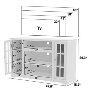 HolliWill 48" Glass Door TV Stand, White TV Stand for 55 inch TV, Farmhouse TV Stand with Storage Cabinet, Small Entertainment Center and Ideal Media Storage for Living Room