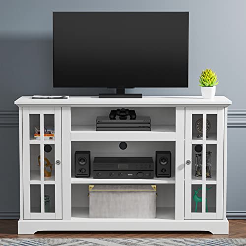 HolliWill 48" Glass Door TV Stand, White TV Stand for 55 inch TV, Farmhouse TV Stand with Storage Cabinet, Small Entertainment Center and Ideal Media Storage for Living Room