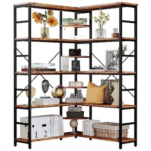 ironck industrial bookcases and bookshelves, 5-tiers corner bookcase with curved panels, l shaped shelf with metal frame for open storage for living room home office