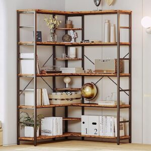 IRONCK Industrial Bookcases and Bookshelves, 5-Tiers Corner Bookcase with Curved Panels, L Shaped Shelf with Metal Frame for Open Storage for Living Room Home Office