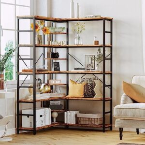 IRONCK Industrial Bookcases and Bookshelves, 5-Tiers Corner Bookcase with Curved Panels, L Shaped Shelf with Metal Frame for Open Storage for Living Room Home Office