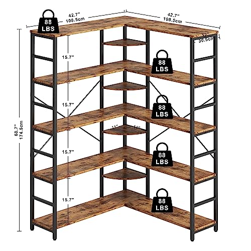 IRONCK Industrial Bookcases and Bookshelves, 5-Tiers Corner Bookcase with Curved Panels, L Shaped Shelf with Metal Frame for Open Storage for Living Room Home Office