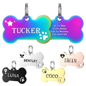 dog tags engraved for pets - yehanti personalized dog tags with lovely icons, durable stainless steel pet id tags for small large dogs cats, custom dog name tags engraved on both sides (bone)