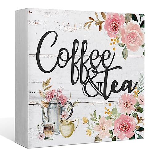 Coffee and Tea Pink Floral Wood Box Sign Desk Decor,Rustic Wooden Block Sign Decorations for Home Kitchen Office Coffee and Tea Bar Wall Tabletop Shelf Decor