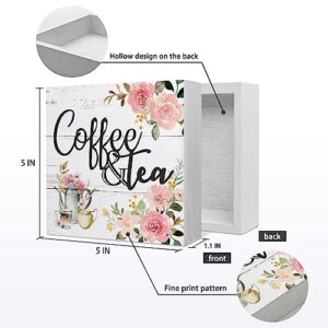 Coffee and Tea Pink Floral Wood Box Sign Desk Decor,Rustic Wooden Block Sign Decorations for Home Kitchen Office Coffee and Tea Bar Wall Tabletop Shelf Decor