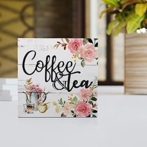 Coffee and Tea Pink Floral Wood Box Sign Desk Decor,Rustic Wooden Block Sign Decorations for Home Kitchen Office Coffee and Tea Bar Wall Tabletop Shelf Decor