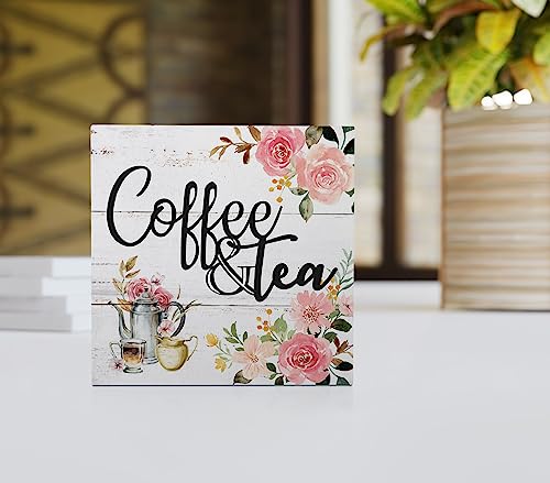 Coffee and Tea Pink Floral Wood Box Sign Desk Decor,Rustic Wooden Block Sign Decorations for Home Kitchen Office Coffee and Tea Bar Wall Tabletop Shelf Decor