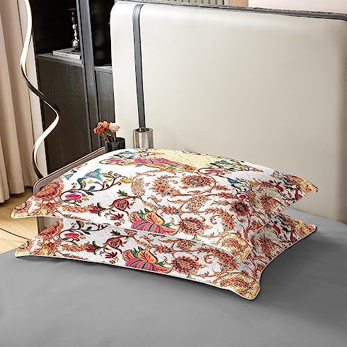 100% Cotton Exotic Floral Duvet Cover Full, Boho Bedding Set, Bohemian Floral Persian Exotic Tribal Comforter Cover, Abstract Gold Red Flowers Botanical Plant 3Pcs Quilt Cover for Girls