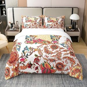 100% Cotton Exotic Floral Duvet Cover Full, Boho Bedding Set, Bohemian Floral Persian Exotic Tribal Comforter Cover, Abstract Gold Red Flowers Botanical Plant 3Pcs Quilt Cover for Girls